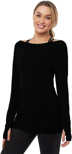 Vista 4 de Muzniuer Camisas de entrenamiento de manga larga, hombros descubiertos, manga larga, yoga, deportes, camiseta deportiva con agujero para el pulgar