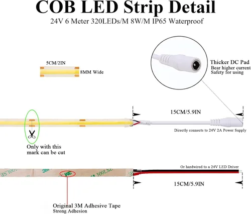 Vista 6 de JOYLIT Tira de luces LED COB de 24 V, 2700 K, blanco cálido, impermeable, 20 pies/19.7 ft, 320 LEDs/M, uniforme CRI 90+, cinta flexible