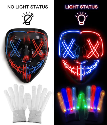 Vista 3 de Juego de guantes de esqueleto de máscara de Halloween, disfraces de Halloween, regalos para hombres, mujeres, niños y niñas, 3 modos de luz LED