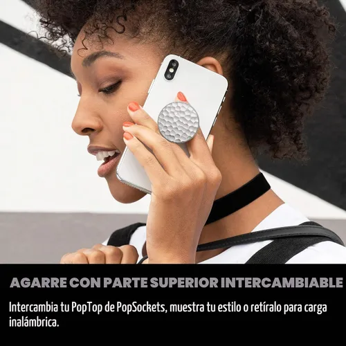 Vista 4 de PopSockets: PopGrip - Soporte extensible y agarre con tapa intercambiable para teléfonos y tabletas, metal martillado plateado