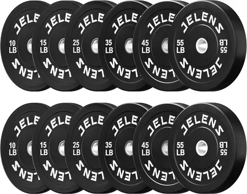 Vista 18 de Juego de Placas de Peso para Barra Olímpica JELENS, Juego de Pesos de Goma de 2 Pulgadas Negro/Colorido para Entrenamiento de Fuerza y Levantamiento