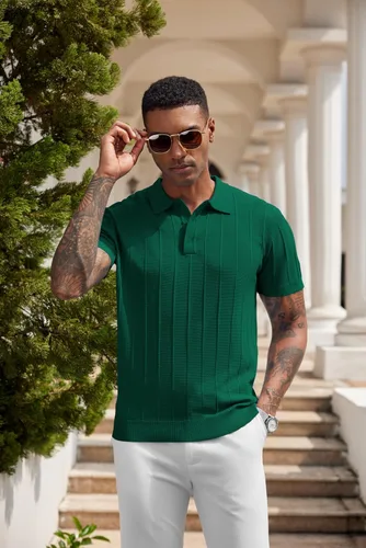 Vista 50 de COOFANDY Camisas polo de punto para hombre de manga corta con textura acanalada Camisas de golf casuales y ligeras con cuello Camiseta de polo