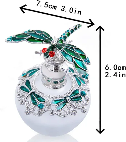 Vista 2 de YU FENG - Botella de perfume de cristal vacía de 40 ml con tapón de libélula verde, adornada con strass, rellenable, botella de vidrio