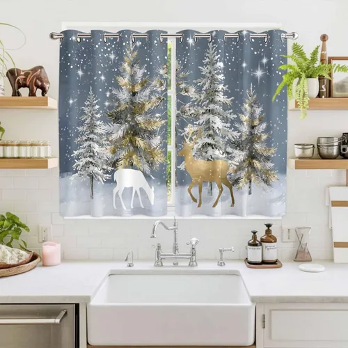 Vista 14 de Libaoge Cortinas de Navidad para cocina, dormitorio, juego de 2 paneles, diseño de muñeco de nieve de Navidad, cortinas de invierno con copos