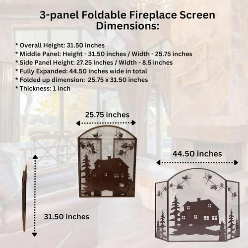 Vista 3 de BestGiftEver Pantalla decorativa para chimenea de 3 paneles con diseño de cono de pino de cabaña de casa, cubierta de chimenea, pantalla de malla