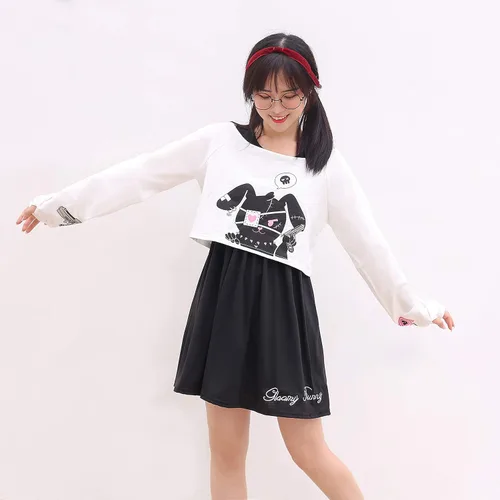 Vista 4 de Bonito vestido para adolescentes y niñas conjunto de dos piezas con estampado de conejo vestidos casuales de algodón para primavera y otoño como