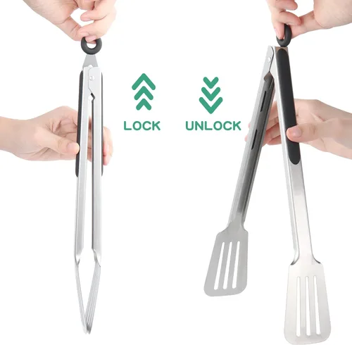 Vista 7 de Pinzas de metal para cocinar, juego de 2 pinzas de espátula de acero inoxidable para asar a la parrilla, cocinar y voltear, agarre fuerte