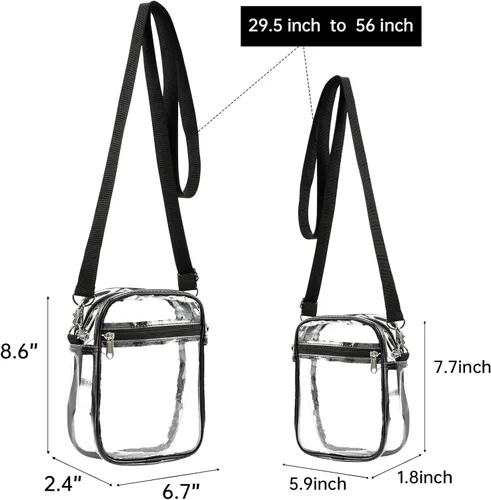 Vista 3 de Paquete de 2 bolsas cruzadas transparentes aprobadas para estadios, bolsa cruzada transparente con bolsillo frontal y correa ajustable
