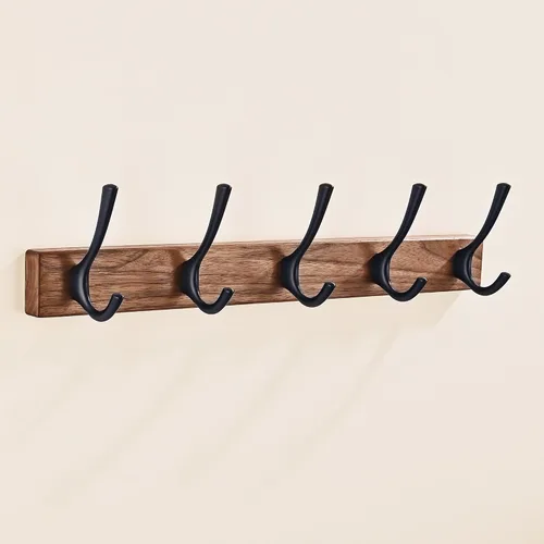 Vista 12 de Perchero de pared pequeño de madera de nogal de 17.3 pulgadas con 4 ganchos, colgador de chaquetas de madera resistente montado en puerta