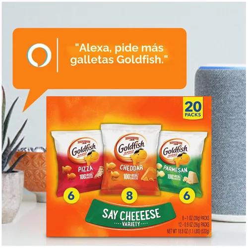 Vista 4 de Goldfish Crackers Say Cheeeese - Paquete variado con queso cheddar, pizza y parmesano, paquetes de aperitivos, 20 unidades (paquete de 2)