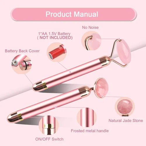 Vista 3 de Rodillo masajeador facial de jade vibratorio 2 en 1, rodillo facial eléctrico de cuarzo rosa para presionar el aceite de crema para la piel