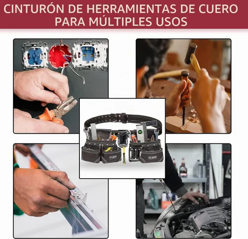 Vista 4 de Cinturón de herramientas de cuero chocolate para hombres con funda de doble martillo, viene con bolsas de herramientas, cinturón no acolchado