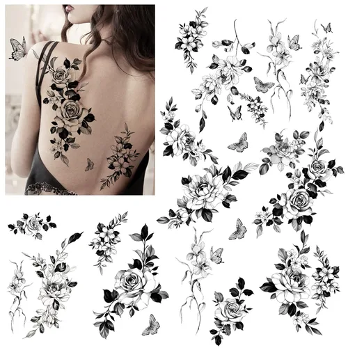 Vista 6 de Tatuajes temporales para mujer, sexy, muslo, pecho, hombro, estómago, flor grande, enormes tatuajes falsos, exquisitos y estéticos, diseñados por