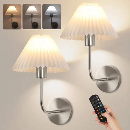 Vista 11 de Juego de 2 apliques de pared inalámbricos, pantallas plisadas recargables que funcionan con batería, luces de pared retro de cuello de ganso