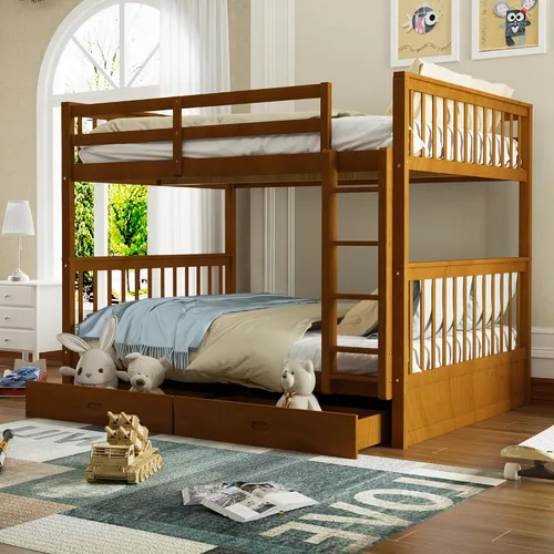 Vista 17 de Merax Litera de madera con dos cajones, litera de madera convertible con escaleras y dos cajones de almacenamiento, marco de cama desmontable