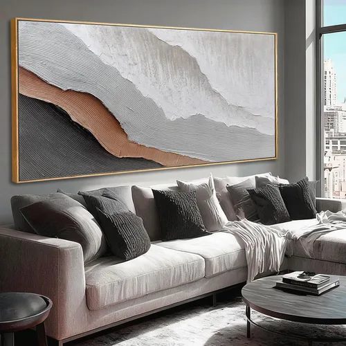 Vista 15 de Arte de pared blanco texturizado, arte abstracto gris, imágenes modernas enmarcadas grandes, pintura al óleo de paisaje ondulado, 24 x 48 pulgadas
