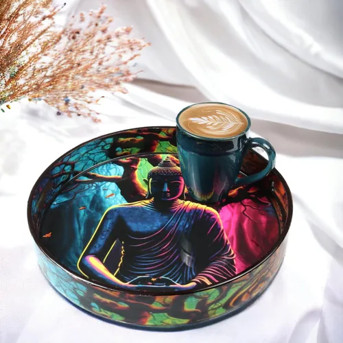 Vista 7 de Crocon Bandeja redonda decorativa para mesa de café, desayuno, Buda, bandeja otomana de MDF, multiusos, centros de mesa para comedor, decoración