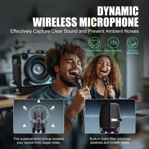 Vista 2 de Micrófonos inalámbricos - Micrófono de karaoke para cantar - Micrófono inalámbrico recargable con receptor de doble canal - Rango de 240 pies