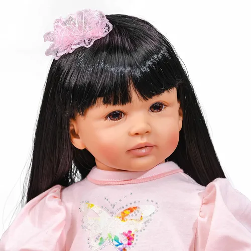 Vista 7 de Muñecos de bebé Reborn realistas de 24 pulgadas, cuerpo de tela de piel marrón con vestido de princesa, los mejores juegos de regalo de Navidad