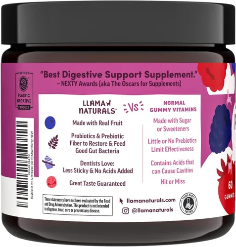 Vista 5 de Llama Naturals Probióticos para mujeres y hombres con fibra prebiótica, veganas, orgánicas, gomitas probióticas para apoyo a la salud intestinal