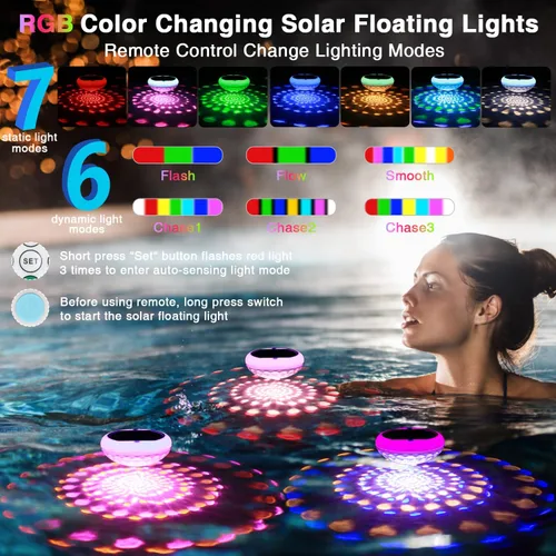 Vista 2 de QOLNBY Luces de Piscina, 2 en 1 Solar USB Recargables Luces Flotantes para Piscina, 6.69 Pulgadas 2600mAh IP68 Impermeable 6 Modos Dinámicos