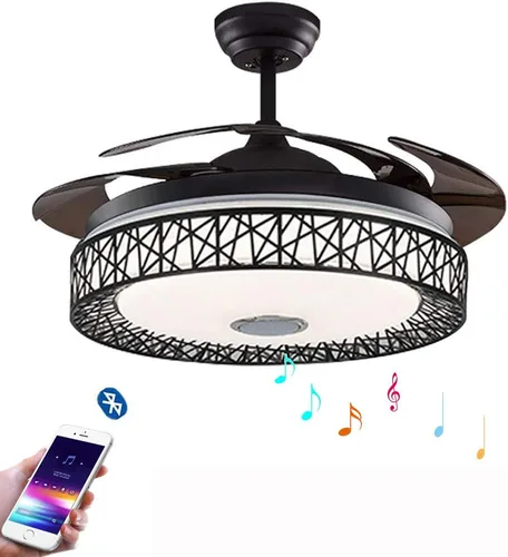 Vista 9 de Ventilador de techo invisible de 42 pulgadas con luz y control remoto, acabado negro, aspas retráctiles, ventiladores con luces LED, 3 cambios