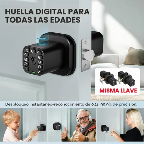 Vista 3 de Richelock - Perilla de puerta de huellas dactilares, cerradura de puerta biométrica inteligente con teclado, perilla de puerta de código de entrada
