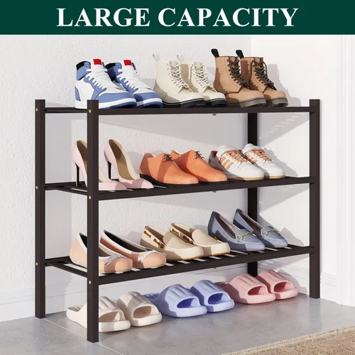 Vista 5 de Smiry Zapatero de bambú para armario, organizador de zapatos de madera de 3 niveles, estante apilable de almacenamiento de zapatos de madera