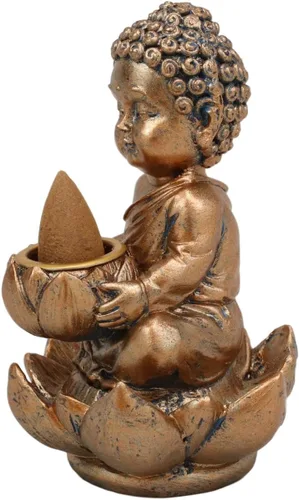 Vista 3 de Ebros Eastern Enlightenment Little Baby Jizo Buddha con cabeza Ushnisha sentado en flor de loto, quemador de incienso, quemador de incienso, estatua