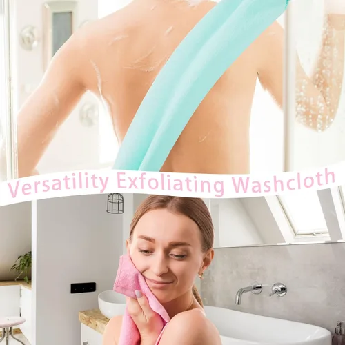 Vista 2 de 4 piezas exfoliante de espalda con asas, exfoliante de espalda de nailon de longitud extendida, paño exfoliante elástico, correa de tirar, limpiador