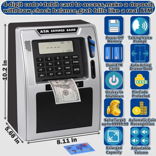 Vista 4 de Fishboy Caja de ahorros parlante estilo cajero automático para niños con dos tarjetas de débito, memoria de apagado, cajón de apertura automática