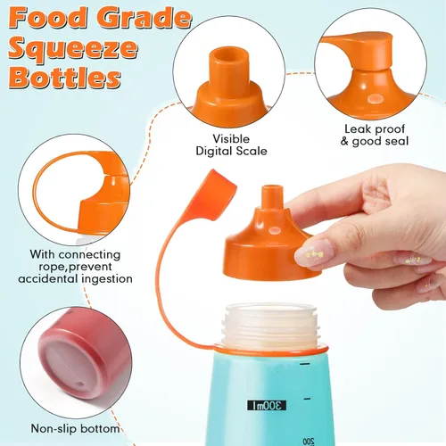 Vista 3 de Dandat 24 botellas exprimibles de boca ancha para salsas, ketchup, botellas exprimibles de condimentos para dispensadores vacíos, salsa de tomate