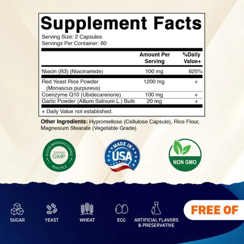 Vista 2 de Vitamatic Arroz de levadura roja sin citrinina, 1200 mg. Cápsulas con CoQ10 100 mg, niacina libre de 100 mg y ajo en polvo 20 mg - 120 cápsulas