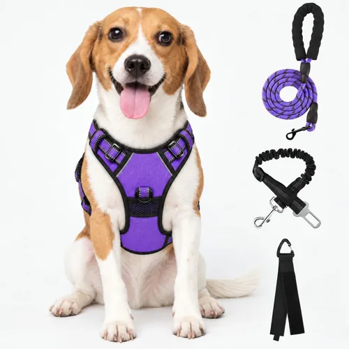 Vista 14 de FURRYFECTION Plaid Dog Harness with Leash and Seat Belt Set, Beige&White, M Tartán beige