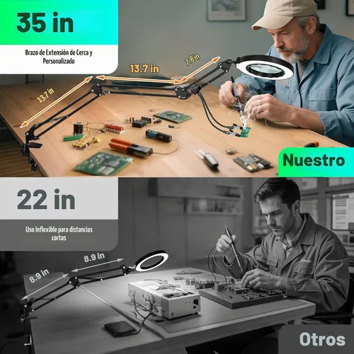 Vista 4 de Lupa ultra larga de 3 secciones con brazo de 3 secciones con luz y soporte, lupa iluminada LED con manos que ayudan Lámpara de escritorio