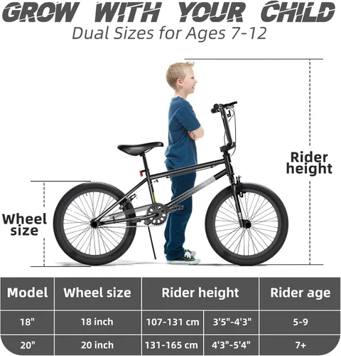 Vista 6 de 67i - Bicicleta BMX para niños de 18/20 pulgadas, bicicleta para niños de 8 a 12 años con freno U delantero y trasero, asiento ajustable, horquilla