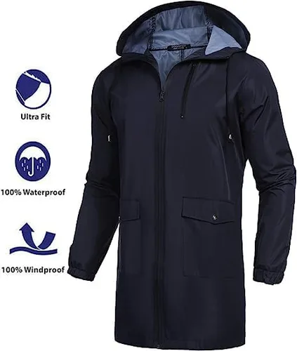 Vista 2 de COOFANDY Chubasquero largo para hombre, chaqueta impermeable para exteriores, con capucha