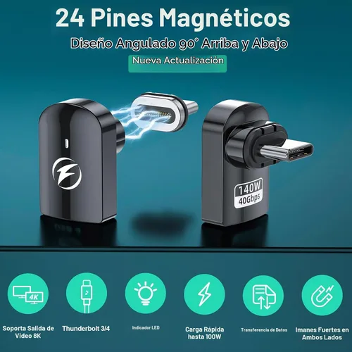 Vista 2 de HanCenDa Adaptador magnético USB C de 90 grados, 2 unidades, adaptador USB C magnético de ángulo recto con transferencia de datos de 40 Gbps PD 140