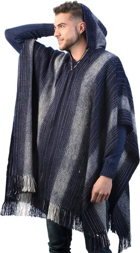 Vista 3 de INTI ALPACA Poncho con capucha de alpaca para hombre, capa de lana con capucha, poncho largo de invierno, cómodo abrigo de casa, color sólido