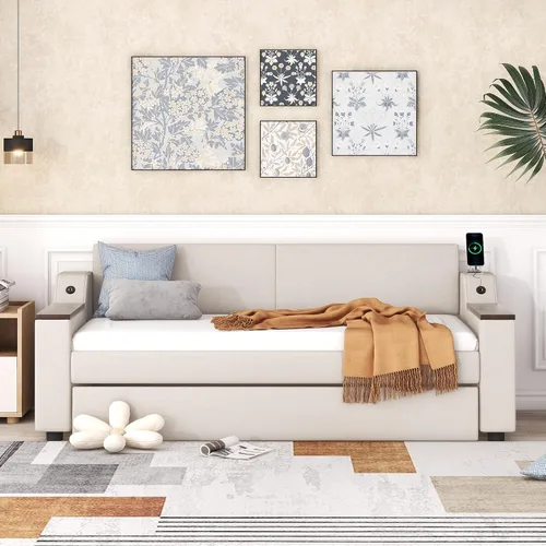 Vista 4 de Sofá cama doble con cama nido y 2 brazos de almacenamiento multifuncionales, marco de sofá cama de tela de lino con carga USB para habitación