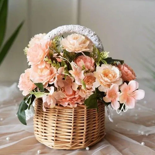 Vista 7 de Cesta de flores de mimbre de ratán, cesta tejida a mano de sauce con asa e inserto de plástico, cesta de dulces de huevos para boda, para decoración