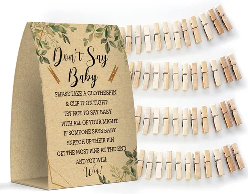 Vista 16 de Juego de texto en inglés "Don't Say Baby", un letrero de 5 x 7 pulgadas y 50 mini pinzas para la ropa, juegos de baby shower, decoración de baby