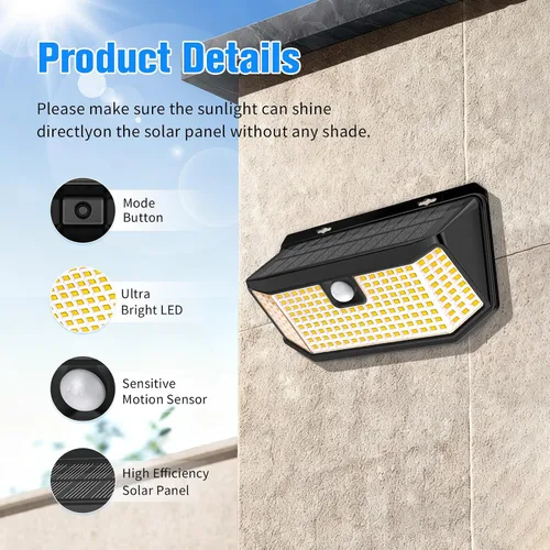 Vista 5 de Aootek Luces solares para exteriores, 182 LED, 2500 lúmenes, luz solar con sensor de movimiento, IP65, impermeable, gran angular, para patio