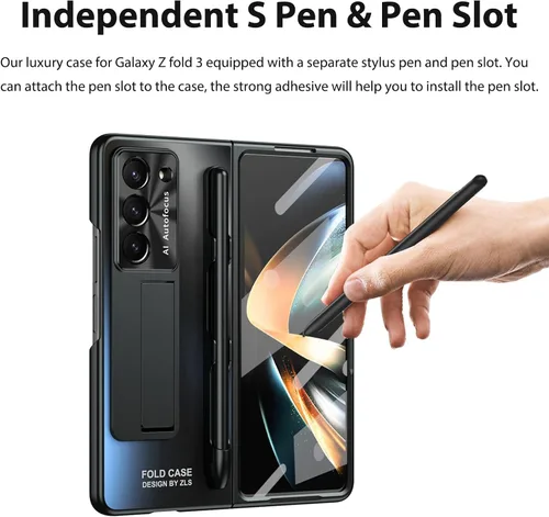 Vista 6 de Miimall Funda compatible con Samsung Galaxy Z Fold 3 con S Pen, protector de pantalla frontal integrado + soporte + soporte para bolígrafo, funda
