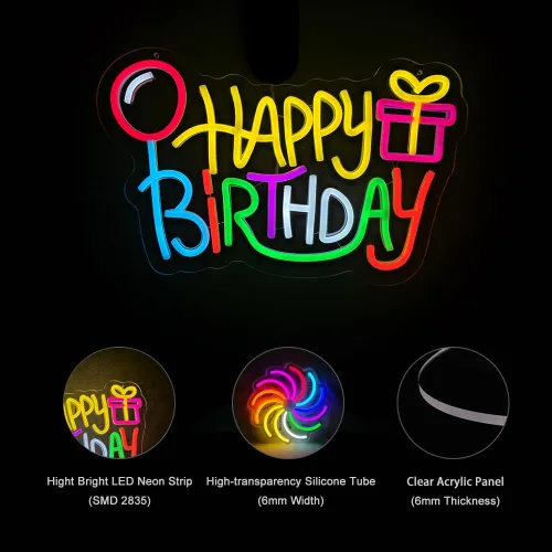Vista 5 de Letrero de neón de feliz cumpleaños, luces LED alimentadas por USB, decoración de pared para fiesta de cumpleaños con bonito diseño, fácil