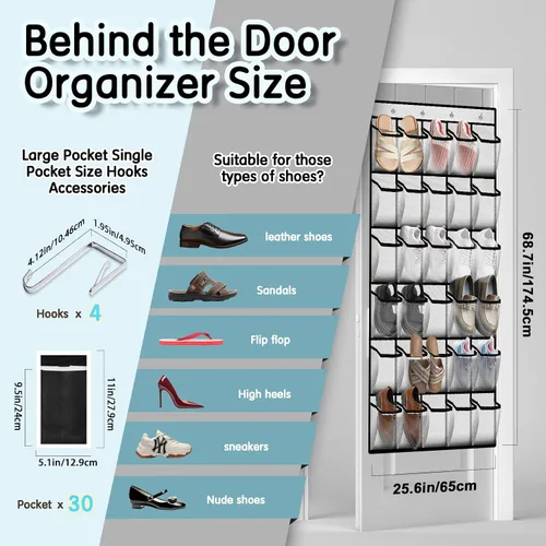 Vista 3 de Kotkn Organizador de zapatos sobre la puerta con 30 bolsillos de malla transpirable - Almacenamiento de armario de gran capacidad para hombres
