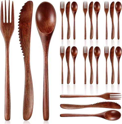 Vista 8 de Geiserailie Juego de 12 utensilios de madera para comer cuchara de madera y tenedor