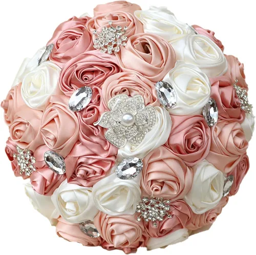 Vista 13 de Ramo de Boda Nupcial Rosa Rubor y Marfil con Broche Dorado Brillante con Diamantes de Imitación para Novia Dama de Honor Quinceañera Ramo de Flores