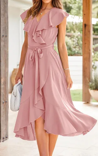 Vista 5 de PRETTYGARDEN - Verano 2024, vestido cruzado por debajo de la rodilla para mujer, con cuello en V profundo, estilo bohemio, floral, manga corta