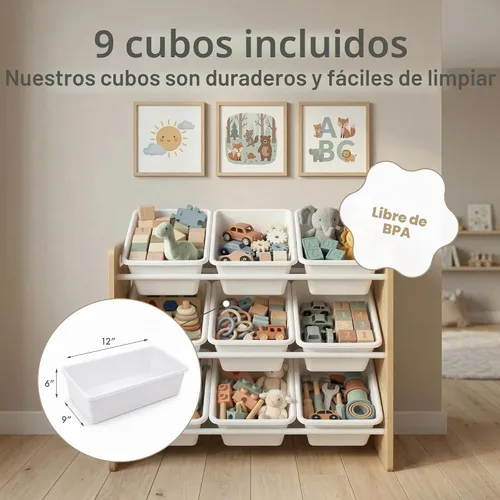 Vista 4 de Humble Crew Organizador de juguetes para niños con 9 contenedores Madera natural/blanco